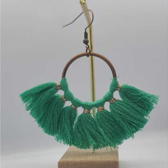 Green Boho Fringe Tassel Hoop Fan Dangle Drop Earrings Tribal Native Jewelry New - Picture 3 of 7